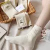 Calcetines Lindos con Borde de Encaje para Primavera y Verano, de Media Pantorrilla con Dibujos Animados y Moño, Calcetines Holgados Simples y Versátiles para Estudiantes