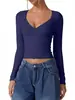 2026 Nuevo Amazon Aliexpress Boutique Stock Listo Camiseta de Manga Larga con Cuello en V para Mujer Top con Copa de Costura Estación Independiente