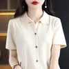 Cardigan camisa elegante de color liso con solapa estilo coreano, suelto, adelgazante, para commuting, algodón, camiseta de punto de manga corta para mujer