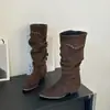 Botas Vaqueras Retro de Punta para Mujer 2026 Temperamento de Moda Otoño Nuevo Estilo Botas Arrugadas Apiladas Hasta la Rodilla Botas Largas Botas de Montar