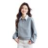 Sudadera Gris Falsa de Dos Piezas para Mujer, Nuevo Estilo Otoño 2025, Cuello Patchwork, Estilo Universitario, Top Holgado de Manga Larga