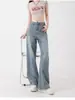 Jeans Bordados de Pierna Ancha de Color Claro para Mujer, Primavera y Otoño de Cintura Alta Holgados Talla Grande para Gorditas mm Aspecto Adelgazante Pantalones Rectos que Cubren la Entrepierna