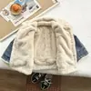 Chaqueta de mezclilla gruesa con forro de polar para niños y niñas, otoño e invierno, blanco, pelo sintético de conejo, nuevo producto para bebé, solapa gruesa para niñas