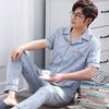 Pijama de verano para hombre, 100% algodón, talla grande, manga corta, holgado, estilo coreano, para el hogar, con rayas finas.
