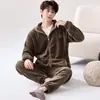 Pijama de Franela de Invierno para Hombre, Engrosado y de Terciopelo, Cierre Cálido, Sencillo y Casual, Conjunto de Ropa de Casa Portátil para Hombre