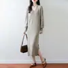 Otoño e Invierno Nuevo Vestido de Lana 100% para Mujer Cuello en V Falda Interior hasta la Rodilla Diseño con Abertura Base de Suéter