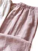 Pantalones de Pierna Ancha de Lino Estilo Perezoso de Gama Alta para Mujer 2024 Verano Cintura Alta Sueltos Rosa Algodón Lino Casual
