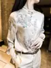 Nova Camisa Estampada Estilo Chinês para Mulheres Outono e Inverno 2025 Nova Moda Versátil Retro Jacquard Manga Longa