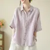 Delgada, fresca, algodón y lino, casual, estilo simple, top de camisa de manga corta, novedad de verano, cuello polo, cárdigan holgado, mujer