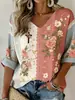 Camiseta suelta de manga larga para mujer con estampado digital de bandera americana, venta al por mayor de camiseta suelta de manga larga con cuello en V para mujer