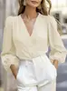 Blusa elegante de escritório OL estilo francês com decote V, transfronteiriça europeia e americana, mangas bufantes de três quartos, cor sólida, modelagem slim e elegante