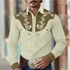 Camisa masculina floral retrô estilo western, casual de rua para uso diário ao ar livre, primavera/verão, colarinho de lapela, mangas compridas, tecido com elasticidade em quatro direções