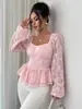 Blusa floral de jacquard para mujer transfronteriza, nuevo estilo de primavera, escote cuadrado, mangas abullonadas, espalda fruncida, dobladillo con volantes y cintura ajustada