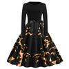 2021 ebay AliExpress Nuevo Vestido Largo de Manga Larga con Estampado de Halloween, Costuras y Falda Amplia con Cinta
