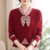 El atuendo de otoño de mamá: Top de punto con cuello en V y lazo, conjunto de camisas base finas elegantes y rejuvenecedoras para mujeres de mediana edad y mayores