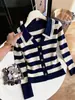 Cardigan de Punto con Rayas de Encaje y Cuello Polo, Talla Grande, Adelgazante, de Alta Calidad, Top Suéter con Botones para Mujer, Otoño Invierno
