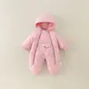 Macacão acolchoado para bebê transfronteiriço, peça externa com capuz para o inverno, roupa de algodão espessa e quente para recém-nascido, macacão de engatinhar