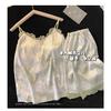 Pijama de Seda Helada Estilo Puro Deseo para Mujer Verano Sexy de Encaje con Tirantes Pantalones Cortos Pintura a Tinta con Almohadilla en el Pecho Ropa para el Hogar Amazon