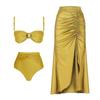 Bikini de Color Sólido Europeo y Americano 2025 Traje de Baño Sexy Transfronterizo Conjunto de Tres Piezas Vestido de Playa Adelgazante que Cubre el Vientre Traje de Baño Conservador