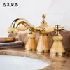 Grifo de tres agujeros de jade dorado amarillo de resina natural, caliente y frío, de 8 pulgadas, dividido, grifo para lavabo de mármol antiguo