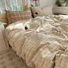 Conjunto de quatro peças em algodão puro tingido em fio, com listras, estilo ins, lavagem, lençol de jacquard nórdico, lençol com elástico, roupa de cama 100% algodão
