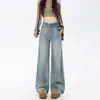 Jeans wide leg com lavagem tie-dye em corte A para mulheres, outono 2024, cintura alta, modelador, perna reta, solto, com caimento, comprimento até o chão, fino
