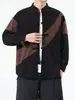 Camisa Jacket Casual Talla Grande Primavera y Otoño Estilo Chino Pana Traje Tang Camisa Manga Larga Hombre Botón de Rana Patchwork Bloques de Color