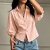 Sitio web independiente transfronterizo europeo y americano nuevo estilo holgado cuello en V de un solo pecho multibotón otoño e invierno elegante manga abullonada de tres cuartos top de camisa