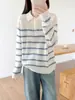 Estilo Coreano 100% Lana Pura Cuello Polo Tejido para Mujer Otoño/Invierno Nuevo Llegado Estilo Universitario Suéter de Rayas Pulóver Top