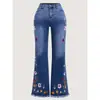 Transfronteiriço, retrô azul escuro, jeans flare bordado feminino, quatro estações cintura média-alta extra longo que varre o chão