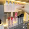 Caja de almacenamiento para labiales, gabinete de espejo de pared transparente montado en la pared sin perforaciones, estante de almacenamiento para lápices de cejas, brochas, cuidado de la piel y cosméticos