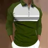 Camisa masculina casual de manga comprida com zíper e estampa listrada, top masculino color block para primavera e outono