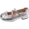 Sapatos de Couro Prata de Bico Redondo com Laço Pequeno para Mulheres 2025 Verão Novo Estilo Estilo Francês com Saia Sapatos Mary Jane Salto Grosso Sapatilhas