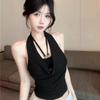 2025 Nuevo Diseño Estilo Chica Caliente Tailandesa Camisola de Doble Capa con Cuello Halter para Mujer Verano Adelgazante Negro