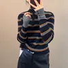 Suéter de punto con botones y cuello semi-alto a la moda estilo Hong Kong para mujer, prenda interior para otoño e invierno, bloques de color, rayas, ajuste ceñido