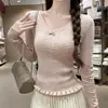 Top base de encaje dulce y picante con cuello en V y fruncido en la cintura para mujer, colección otoño e invierno primavera, suéter tejido con lazo, capa interior
