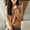 Suéter Engrossado 100% Lã Pura Feminino Meio Zíper Gola Alta Tricô Color Block Camada Base Outono Inverno Top Quente