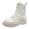 Botas de Cuero de Exportación de Otoño Talla Grande Botines de Tela Hacia Abajo Estilo Británico Femenino Estilo Coreano Punta Redonda Suela Gruesa Botines Cortos con Cordones