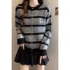 Cardigan de Tricô Listrado Bordado com Cachorro em Color Block Tendência para Mulheres, Outono, Tamanho Plus Size, Emagrecedor, Rejuvenescedor, Top com Ombro Normal