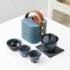 Juego de Té de Viaje de Cerámica Cepillada Yao Bian, Juego Completo con Una Tetera y Tres Tazas, Tetera Portátil para Exteriores, Regalo Degradado