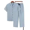 Conjunto de Camisa de Manga Curta de Verão Tendência para Homens de Meia-Idade e Idosos Confortável Gola Lapela Roupa de Pai Roupas para Idosos Calça Longa