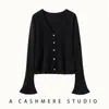 Cardigã de Cashmere com Manga Sino Franzida para Mulheres, Jaqueta Tricotada Elegante com Decote V, Suéter Solto Macio de Lã