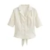 Camiseta de Manga Corta Jacquard Rayado Estilo Traje Cuello Camisero 2026 Nueva Camisa de Cuello en V con Cintura Fruncida de Atar