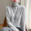 Suéter Feminino 100% Lã Pura com Gola Alta Empilhada, Elegante Pulôver de Tricô Outono/Inverno Base Cashmere