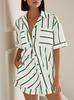 Transfronterizo 2025 Amazon Primavera Nuevo Camisa Rayada de Bolsillo de Manga Corta Shorts de Sarga Conjunto de Dos Piezas de Camisa