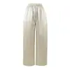 Calça Casual Versátil com Textura de Cetim Acetinado, Cintura Alta com Cordão, Respirável e Fresca, Modelagem Solta, Calça Wide Leg de Comprimento Total