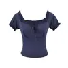 Camiseta Cuadrada Azul Marino con Lazos, Manga Corta para Mujer, Ropa Interior de Verano Ajustada, Top Corto Sexy Elástico Adelgazante Off-Shoulder