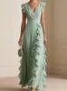 Nuevo vestido transfronterizo de estilo europeo y americano con mangas acampanadas pequeñas, volantes grandes, cuello en V, cintura alta, gasa y diseño hasta el suelo