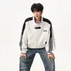 Moletom com Capuz Listrado de Peso Pesado Estilo Universitário com Gola Alta para Homens e Mulheres Outono Tendência Marca Cor Color Block Jaqueta Casual Outerwear Cardigan Solto Desconstruído