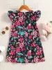 Comércio Exterior Roupas Infantis Verão Vestido de Menina Estilo Retro Francês Amigo da Pele Gola Redonda Mangas Bufantes Estampa Floral Vestido Evasê